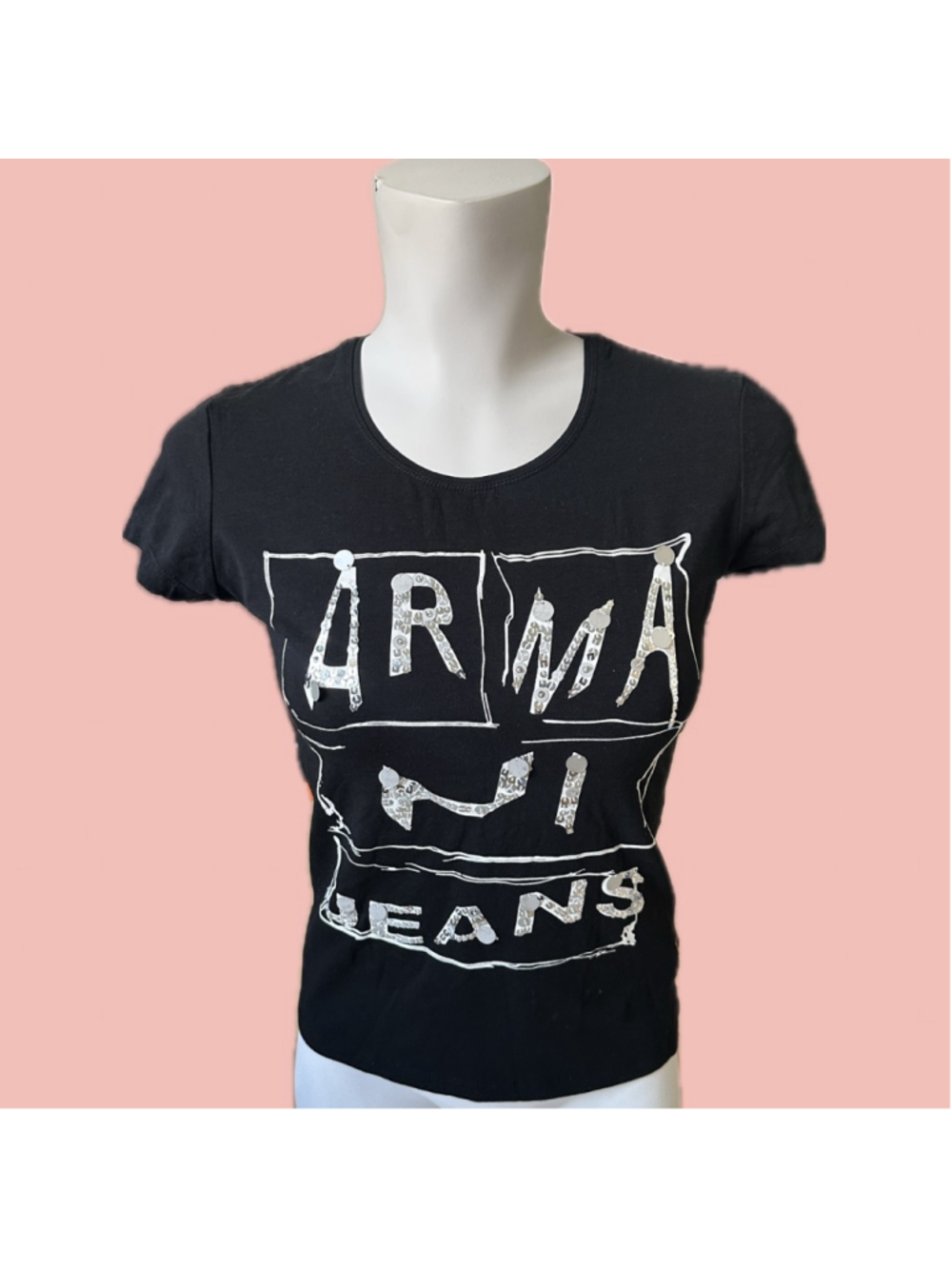 Armani Jeans Y2K Sequin Logo Baby Tee Made in Italy Deadstock Size L